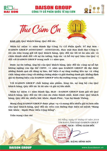 DAISON GROUP Thư cảm ơn Quý khác hàng, Quý đối tác nhân kỷ niệm 11 năm hình thành và phát triển